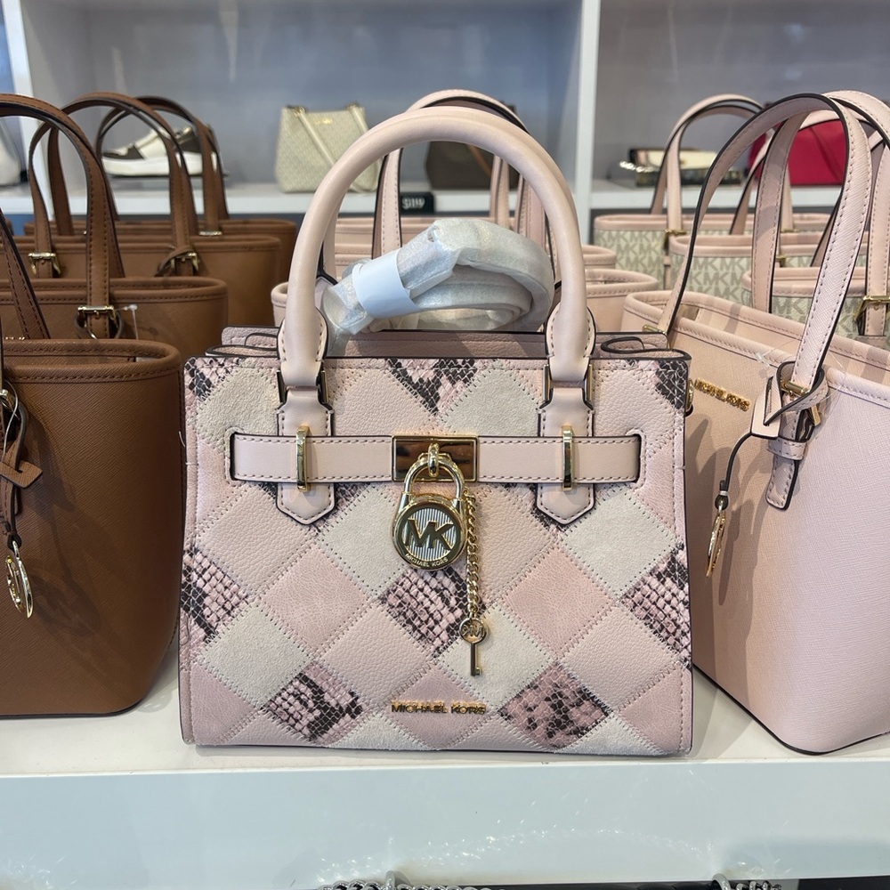 MICHAEL KORS Hamilton Sm Patchwork Snake Embossed Satchel Crossbody
Powder 
NWT
